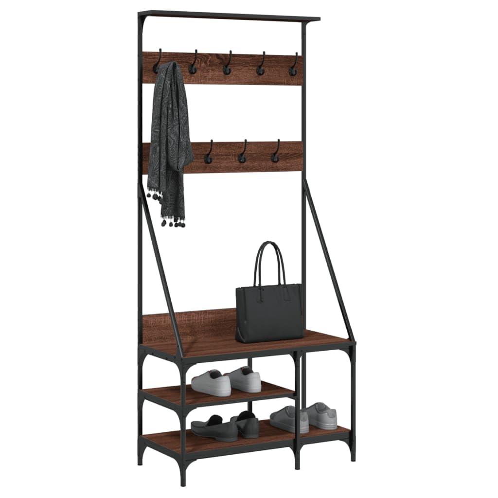 Kleiderständer Garderobe mit Schuhablage in Braun Eichen-Optik, Holzwerkstoff und Metall, 80x40x184 cm, freistehend, platzsparend, mit Haken und Rollen für Schlafzimmer und Flur