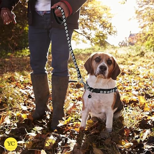 Image of YellowCult Dog /Cat Collar Leash Set with Adjustable Soft Nylon Paw Print Pet Collar for Cats, Puppies, Small Dogs, Fat Rabbits Walking Training, Bell & Quick Release Buckle Safety Lock -[Red]