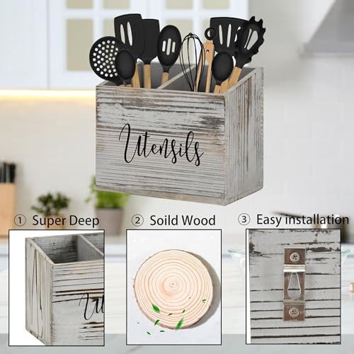LADESIGGN Wood Utensil Holder for Countertop, Farmhouse Kitchen Decor for Flatware, Utensil Caddy with 2 Compartments, Rustic Utensil Organizer for Kitchen, Rustic Brown - Image 6