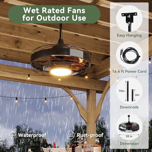 Image of Aoxun 20 Inch Ceiling Fans, Waterproof Outdoor Ceiling Fans with Lights and Remote, LED Dimmable DC Reversible Modern Fandelier with 2 Size Downrods and Hanging Hook for Gazebo, Pergola