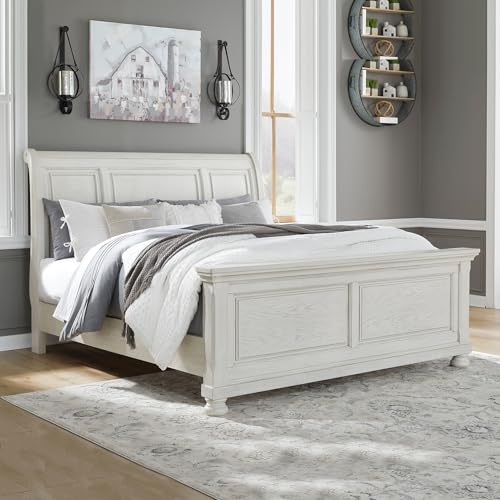 Image of Signature Design by Ashley Robbinsdale Queen Sleigh Bed, Antique White | Select oak veneer and solid wood components, Grain texture, Traditional sleigh queen bed, Requires box spring