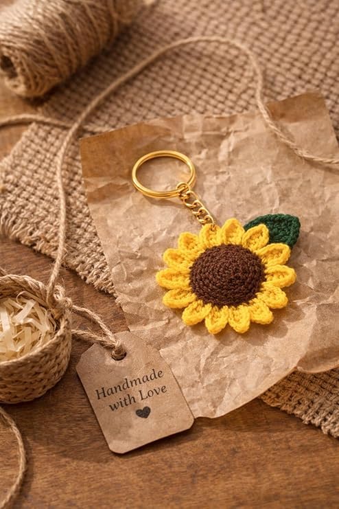 Image of Handmade Crochet Keychain Combo for Girls Women Cute Aesthetic Sunflower Strawberry Watermelon Daisy Knitted Keychain Bag Charm Purse Charm Car Key Ring Backpack Accessories Gift
