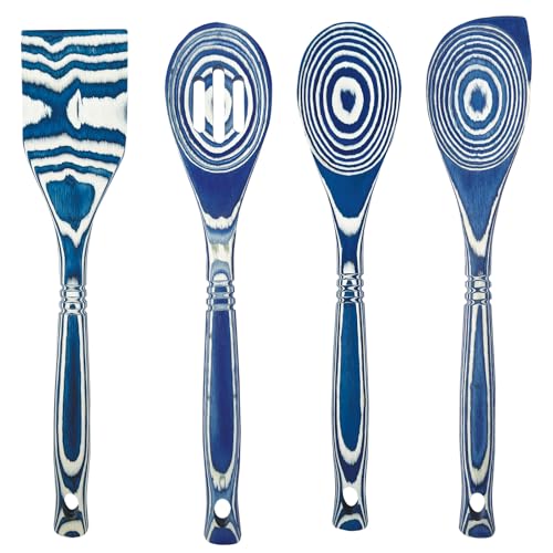 Island Bamboo 4 Piece Pakkawood Cooking and Serving Utensil Set, Corner, Slotted, Spoon, Spatula, Blueberry