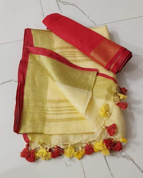 Image of STB-SILK TEXTILES BHAGALPUR Women's Linen Slub Saree With Contrast Blouse Piece