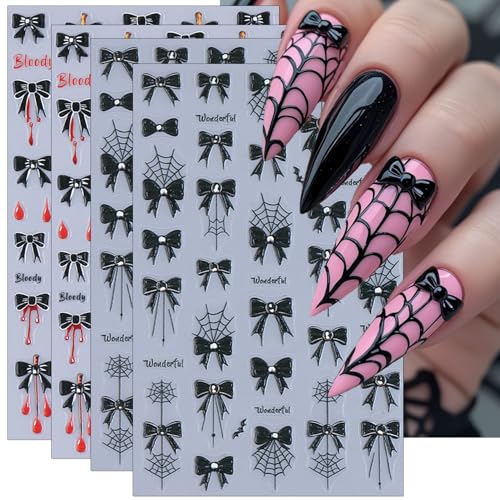 IDDFEVE Halloween Blood Bow Nail Stickers, Spider Web Bowknot Self-Adhesive 3D Nail Art Decals for DIY Manicure (4 Sheets)