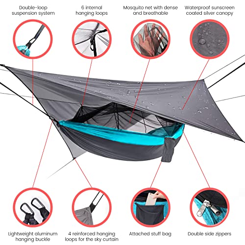 Camping Hammock, Double & Single Portable Hammock With Tree Straps, Lightweight Nylon Hammock Swing Set With Net And Rain Fly Tarp And Pocket For Backpacking Hiking Travel Outdoor #TOP1