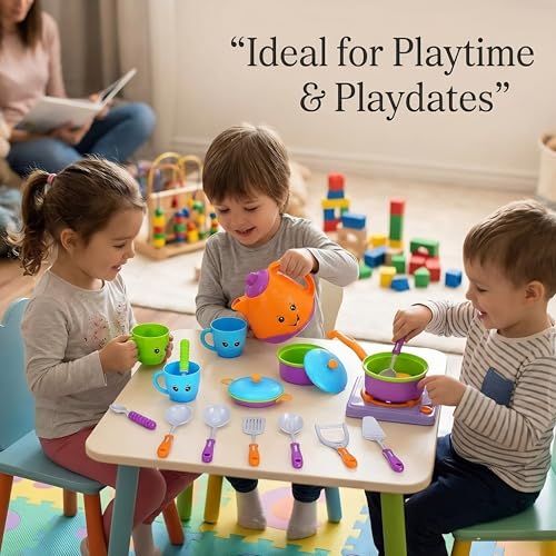 Image of Crackles Pretend Play Solid Colour Tea Party Kitchen Play Set Toy with Teapot, Cups Pretend Play Cooking Set, Toy Pots N Pans, Cookware, Utensils