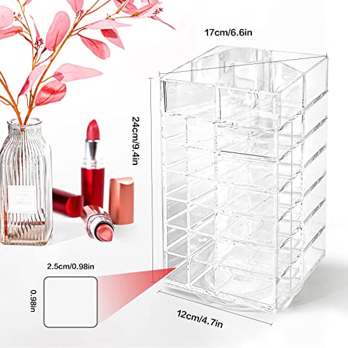 Acrylic Lipstick Tower Holder, FODIENS 360 Degree Rotating Makeup Cosmetic Lipsticks Organizer with 53 Slots, Spinning Lipgloss Storage Display Stand Holder