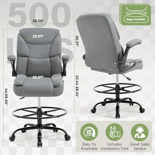 Image of 500LBS Drafting Chair, High Back Safer Standing Desk Chair, Executive Tall Office Chair with Flip-up Armrests, Upholstered Fabric Task Chair, Ergonomic Seat with Adjustable Height&Foot Ring, Grey