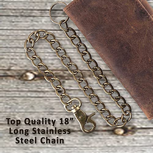 F&L Classic Rfid Blocking Mens Tri-Fold Long Style Cowhide Leather Steel Chain Wallet,Buffalo Vintage Leather #TOP7