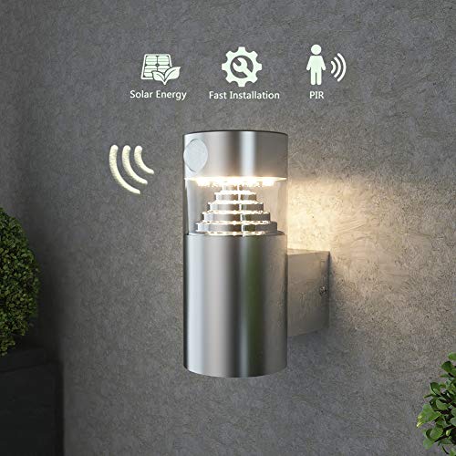 Preisvergleich Produktbild NBHANYUAN Lighting® Solar LED Pfostenlichter mit Bewegungsmelder Standleuchte Edelstahl 4000K Warm Licht für Pfad Terasse Garten 600LM(mit PIR) (Silber, 07WSRA NEW)