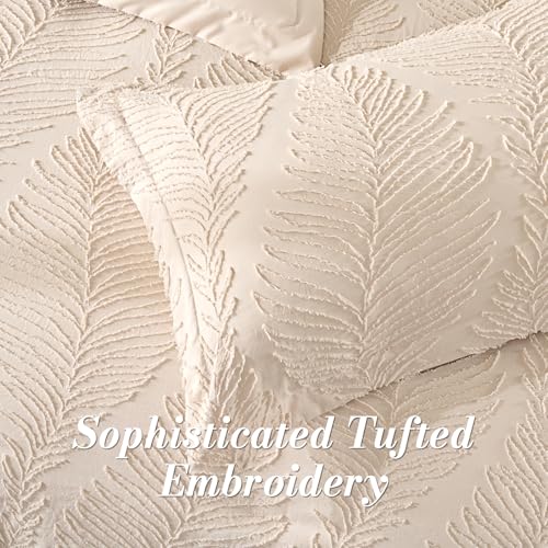Image of 7 Pieces Tufted Boho Comforter Set Leaves Floral Khaki Farmhouse Shabby Chic Embroidered Bedding for All Seasons Full Size with Comforter Sheets Pillowcases Shams