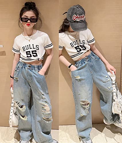Naber Girls Ripped Jeans Elastic Waist Denim Pants Casual Cool Wide Leg Kids Jeans Age 5-14 (Blue10, 7-8 Years) #TOP4