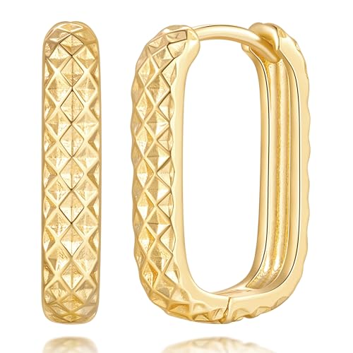 Gold Hoop Earrings for Women 14K Gold Earrings for Women Square Hoop Earring for Womens Square Shape with Rhombic Sculpture Womens Hoops Earring 20mm