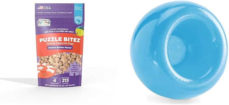 Outward Hound Juguete dispensador de golosinas de Snoop azul grande y Nina Ottosson Puzzle Bitez Mantequilla de maní golosinas de entrenamiento – Juguete interactivo para perros y paquete de golosinas suaves bajas en calorías