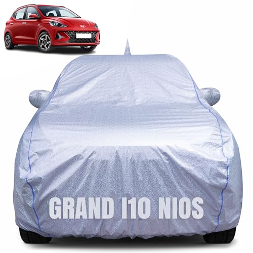 Image of 100% Waterproof Car Body Cover for Hyundai Grand i10 Nios (2019-2025) with Mirror Pocket, Heat & UV Resistant, Triple Stitched, Soft Lining, Bottom Elastic & Piping (Silver Reflective)