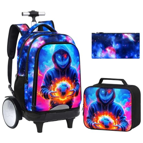 UFNDC Mochila de rodas grandes, resistente à água para meninos, com lancheira e estojo, pacote com 3 mochilas escolares com rodas, conjunto de viagem, futebol do diabo