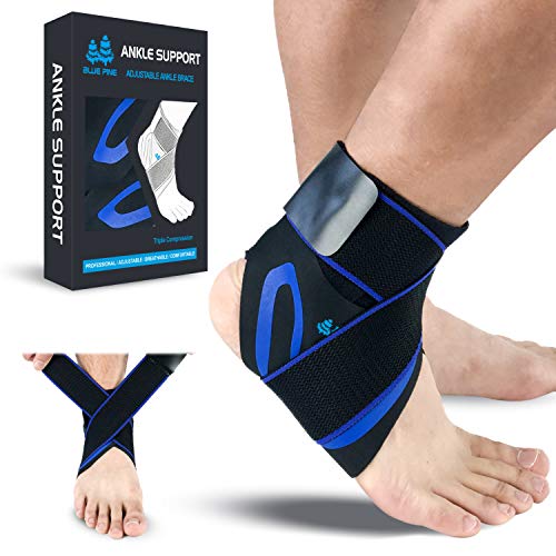 BLUE PINE Ankle Support Adjustable Ankle Brace Pair(2+2 PCs) with Compression Wrap Support (Blue, Small)