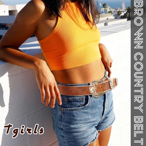 Tgirls Women Western Belts Cowboys Cowgirls Belt for Jeans Brown Country Leather Belt with Gold Buckle4