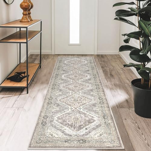 KUTA Oriental Washable Runner Rug, 2x7 Non-Slip Vintage Ivory Grey Yellow Hallway Kitchen Runners Soft Printed Distressed Tribal Farmhouse Floor Carpet Rugs for Laundry Bedroom Living Room