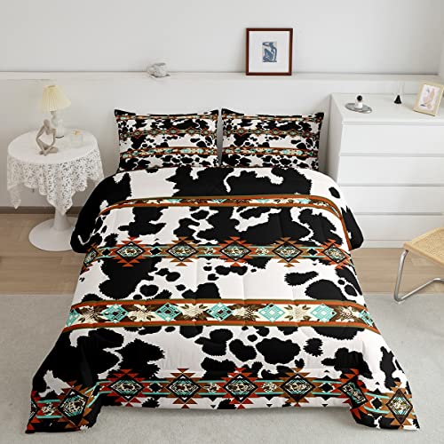 Erosebridal Cowhide Comforter Set Western Bedding Sets Full,Black and White Highland Cow Print Quilt Exotic Aztec Diamond Duvet Insert,Farm Animals Bull Cattle Skin Room Decor Cowboys Gifts