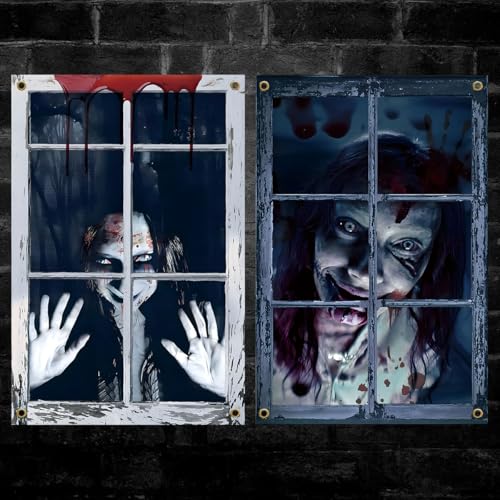 boocooberg Décorations de fenêtre d'Halloween, fantôme féminin effrayant, couverture de rideau de porte hantée, fournitures de décoration d'intérieur et d'extérieur (style 1)