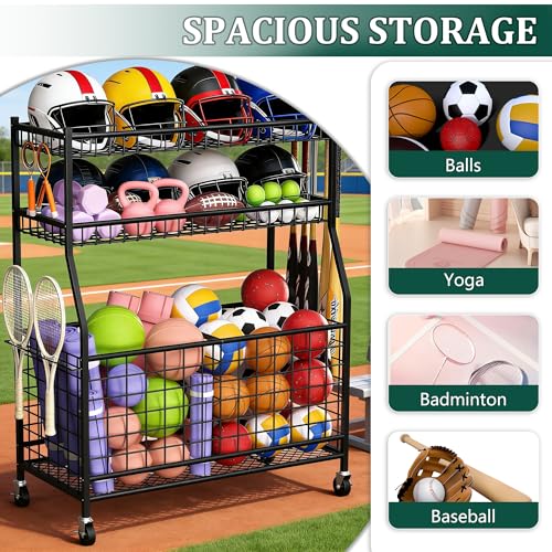 Sports-Gear-Organizer-Garage-Ball-Storage-Rack-with-Wheels-Rolling-Ball-Storage-Cart-for-Basketballs-Soccer-Bats-Helmets-Toys-Multi-Functional-Ball-Rack-Organizer-for-Indoor-Outdoor-Use-Black