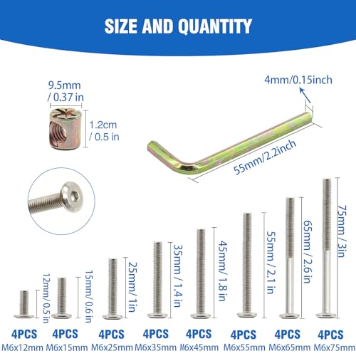 Socell 61pcs Crib Bunk Bed Furniture Hardware Replacement Kit, Stainless Steel Hex Drive Socket Cap Furniture Barrel Screws Bolt Nuts Assortment Kit for Crib Screws with 1 Wrenches(M6x12mm-75mm)