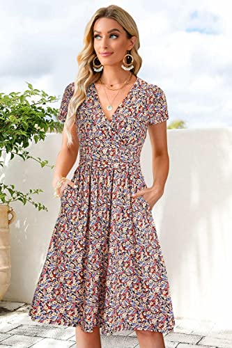 Image of Newshows Women's Pockets Wrap V Neck Floral Summer Vacation Casual Sundress | Wrinkle Free, Stretchy, Summer Beach Floral Sundress 2026, Casual Dress for Vacation, Guaduation, Side Pockets, A-line