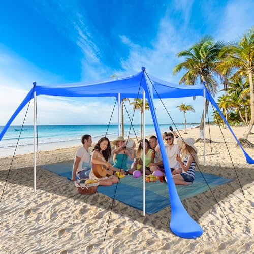 riggoo Strandzelt, Sonnensegel Strand 3 × 3m LSF 50+ mit Sandschaufel Heringen und Stabilitätsstangen, Windschutz Sonnenschutz Strand für draußen Campingausflüge, Angeln, Spaß im Garten oder Picknicks