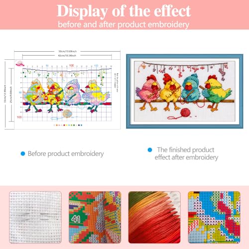Image of Zhenqing Charming Knitting Chickens Cross Stitch Kit for Beginners - 11CT Printed 12x20inch Aida Cloth, Threads & Needle Included (No Hoop /Scissors)(67427)