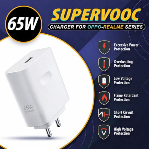 Image of 65W SuperVOOC Fast Charger with Type-C Cable | Compatible with Oppo, OnePlus, Realme, Xiaomi, iQOO & Samsng Supports VOOC, SuperVOOC, Warp, Dash, Dart Charging | Safe & Universal Adapter