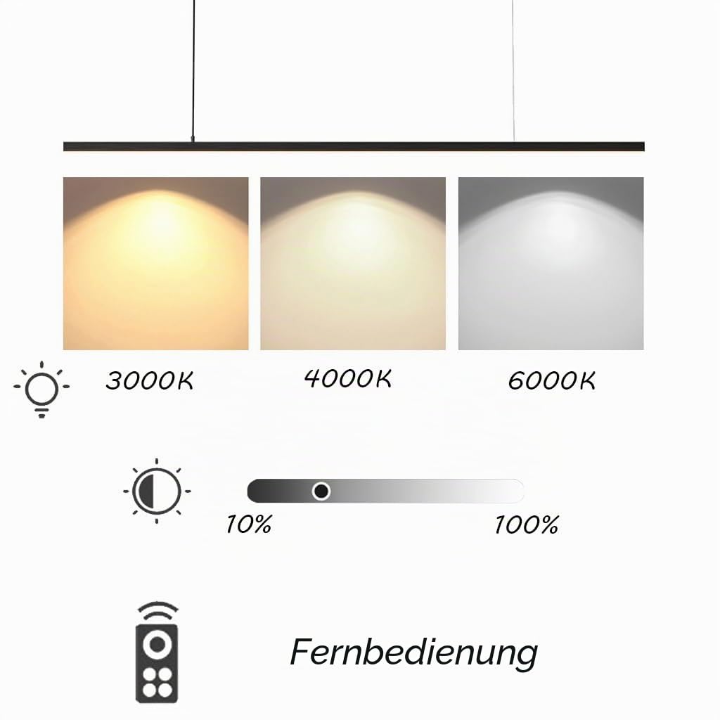 Dimmbar LED Pendelleuchte Moderne Esstisch Schwarz Hängeleuchte Mit Fernbedienung Pendellampe Linear Design Höhenverstellbar Kronleuchter Lampe Für Esszimmer Küche Büro Hängeleuchte 120cm,52W
