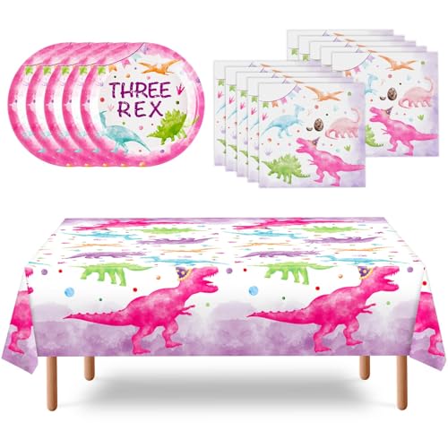 WERNNSAI Ensemble de Vaisselle Dinosaure pour 3e Anniversaire - Fournitures Jetables avec Assiettes Rex, Serviettes, Nappe - Décorations pour Fête de Filles