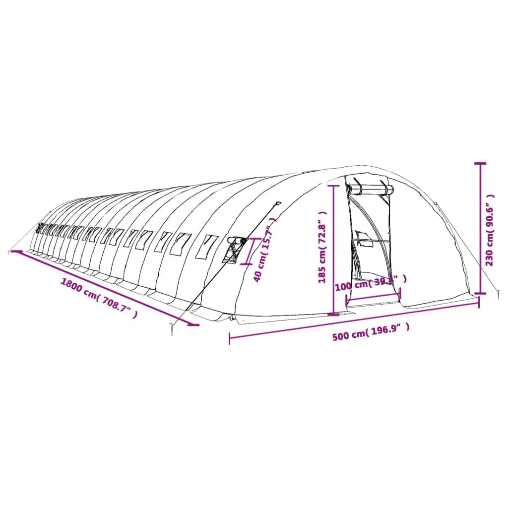 Szklarnia ze stalową ramą, zielona osłona PE, 90 m² 18 x 5 x 2,3 m, 4 okna z siatki, drzwi z zamkiem błyskawicznym, do szklarni na pomidory, tunel foliowy, domek do uprawy roślin, ochrona