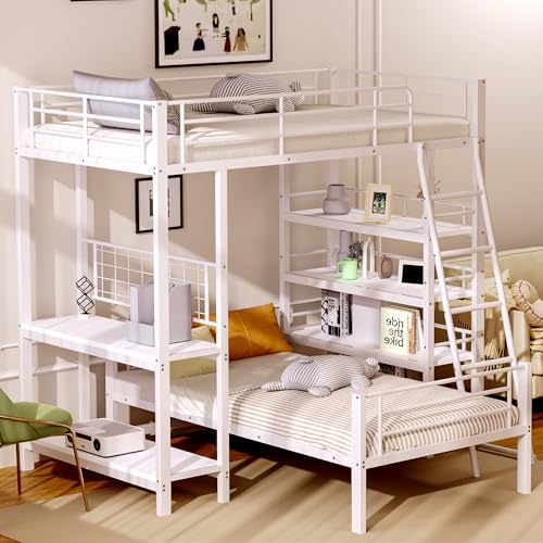 Arhatreya Litera de 90 x 200 cm, cama alta con varios estantes, cama juvenil de metal, estructura de cama con somier, cama para niños y adolescentes (sin colchón), metal blanco