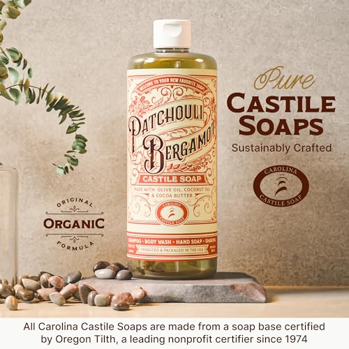 Image of Carolina Castile Soap Patchouli Bergamot Scented Castile Soap - Certified Organic, High Olive Oil Content, Non-Drying, Made with Organic Oils, Concentrated Natural Soap for Men and Women