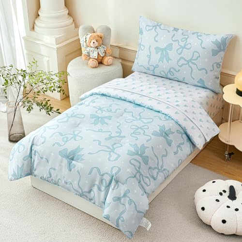 Image of PERFEMET 4 Pieces Light Blue Toddler Comforter Set for Girls, Reversible Blue Bow Printed Toddler Bedding Sets with Sheets, Ultra Soft Lightweight Baby Girl Bed Set for All Seasons
