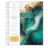 Essential PRO 2026 Daily, Weekly & Monthly Planner, 7'x9': 14 Months (Nov 2025 - Dec 2026) Monthly Tabs,Daily Tracking,Notes Pages,Storage Pocket,Bookmark w Sticky Notes (Teal Gold Marble)