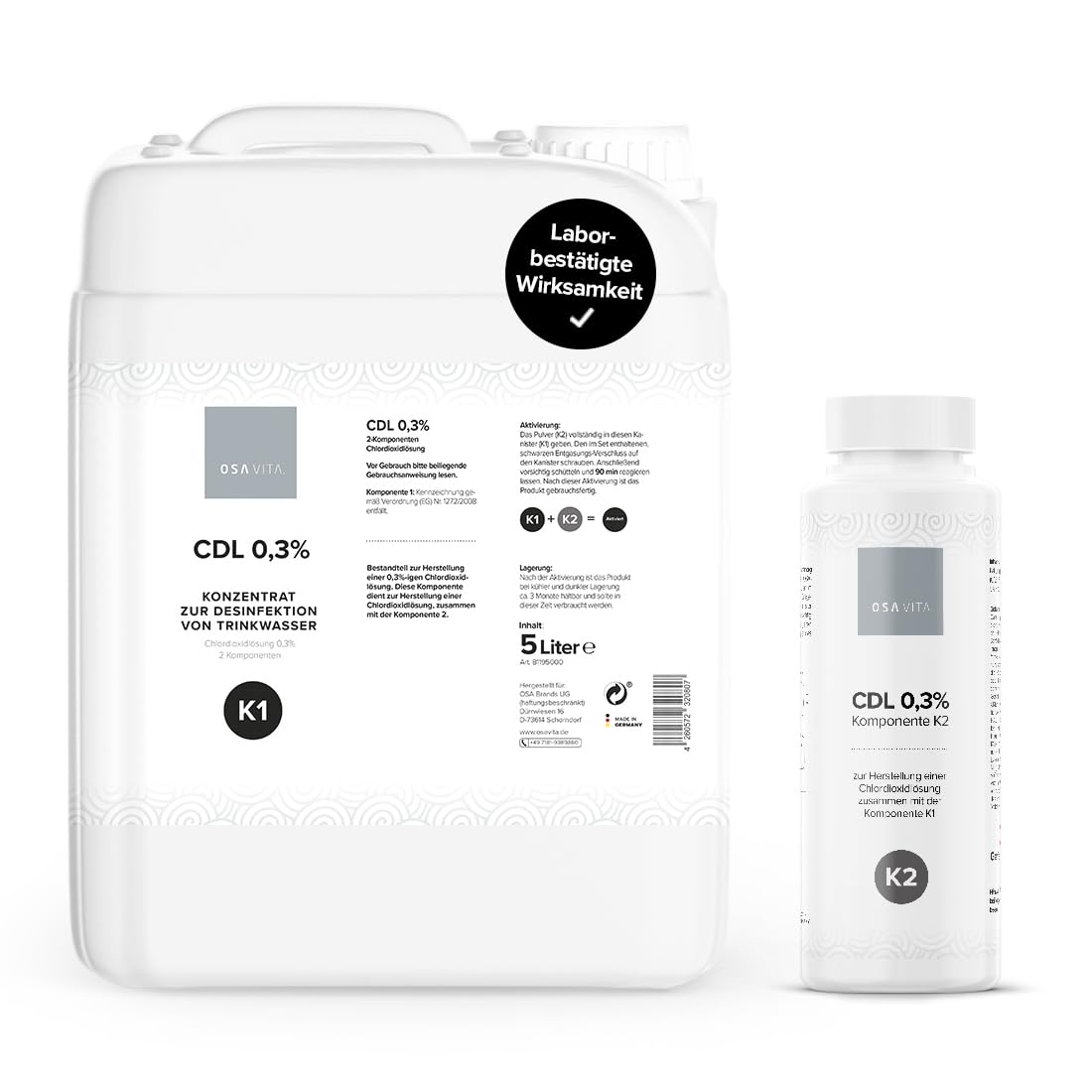 CDL 0,3% di biossido di cloro concentrato da 5 litri – confezione CDS – test di efficacia secondo EN1276 & EN13623 – Made in Germany