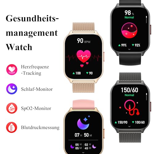Popglory Smartwatch Herren Damen, 2.01’’ Fitnessuhr mit Blutdruckmessung Telefonfunktion, Fitnesstracker Herzfrequenz Schlafmonitor SpO2, Sportuhr Schrittzähler für Android iOS
