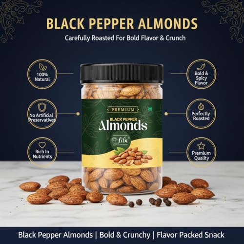 Image of LILA DRY FRUITS Flavoured Almonds 1 kg (500g x 2) Black Pepper Flavour Crunchy Roasted Badam Snack | Healthy Snacking Party Munching Spicy Namkeen Dry Fruit Perfect for Gifting
