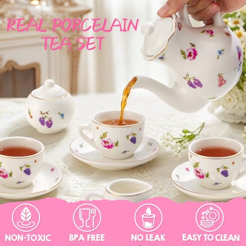 Image of TUZT Tea Party Set for Little Girls Ages 3-8, White Floral Porcelain Tea Set with Gold Trim Edges, Princess Tea Time Toy Includes Pot & Cups & Saucers & Suitcase, Birthday Gifts for Toddlers Girls