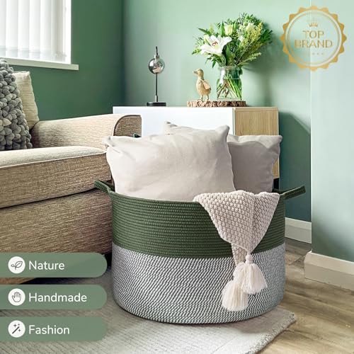 Image of INDRSSME Large Laundry Storage Basket, 21.7 x13. 8 - Decorative Rope Blanket Basket for Organizing Bedroom, Living Room, Nursery, Toy Storage for Colthes Towel, Empty Gift Baskets -Green