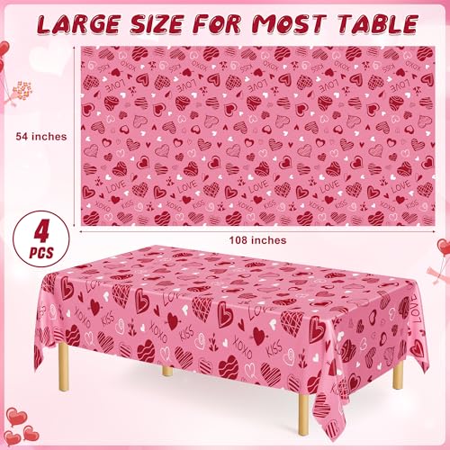 Image of 4 Pack Valentines Plastic Tablecloths, Disposable Valentines Party Favors, Romantic 54 inch X 108 inch Red Pink Table Cloth, Galentines Decorations Heart-shaped Love Tablecover for Wedding Happiness Decor