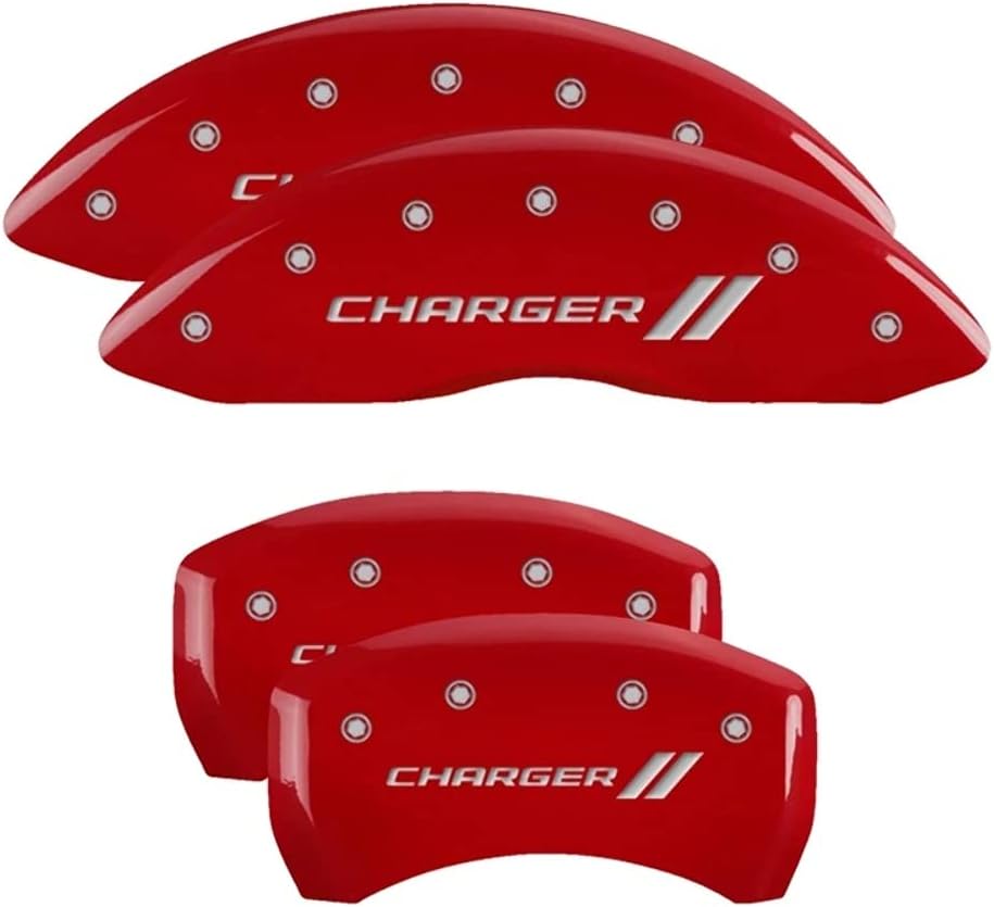 MGP Caliper Covers - Brake Caliper Covers for 2011-2023 Dodge Challenger & 2011-2023 Dodge Charger (Requires Dual Piston Front Caliper) Front and Rear Set - Engraved CHARGER // Logo (Red)