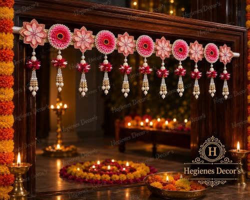 Image of Premium Handmade Artificial Flower Door Toran for Main Entrance | Pink Floral Pearl Hanging with Decorative | Traditional Wall & Door Decor for Home, Pooja Room | 38.5 Inch