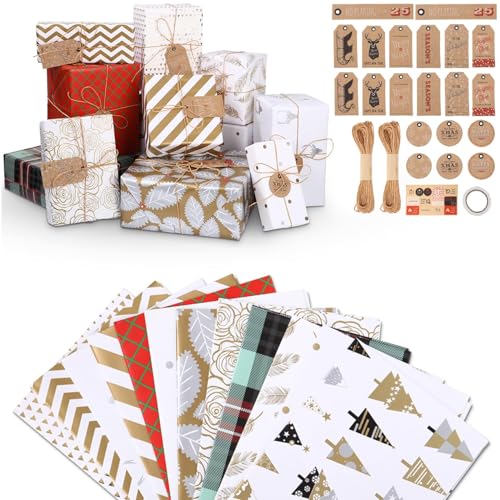 SOBEAU 12 papel de presente de Natal, papel de embrulho presente reciclável com fio de juta e cartão de presente, 12 conjuntos diferentes de ouro e branco, papel de presente infantil para