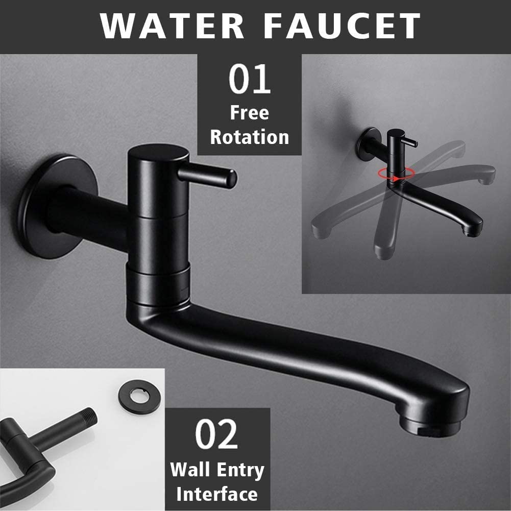 Grifo de agua fría negro montado en la pared para lavadora, fregona, piscina, jardín, grifos (31 cm)