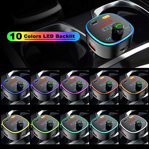 ZEEPORTE Bluetooth FM Transmitter for Car, 10 Colors LED Backlit QC3.0